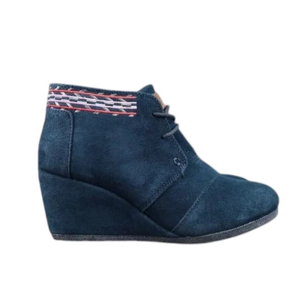 Toms Shoes Womens 6.5 Bootie Wedge Desert Suede Blue Chukka Lace Up Kala Classic